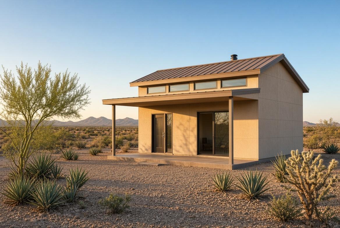 Concept of a small desert home with a shaded front porch