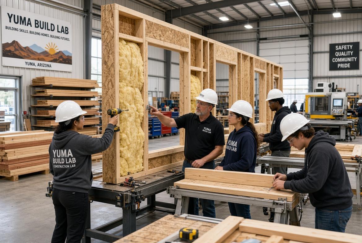 Concept of trainees learning wall construction in a Yuma Build Lab workshop